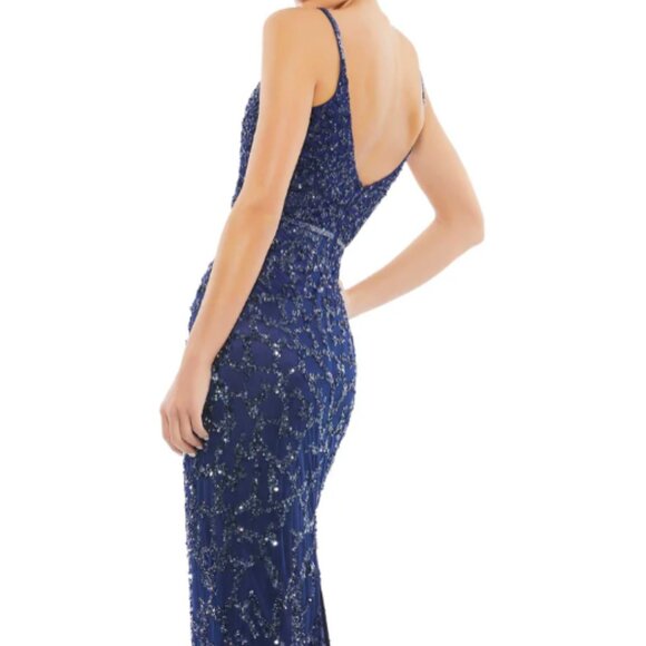 MAC DUGGAL 54781 SLEEVELESS BEADED V-NECK COLUMN MIDNIGHT GOWN sz 12 - Picture 3 of 7